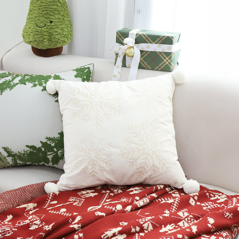2X 45cm Square White Plush Throw Pillow Christmas Snowflake Ball Design