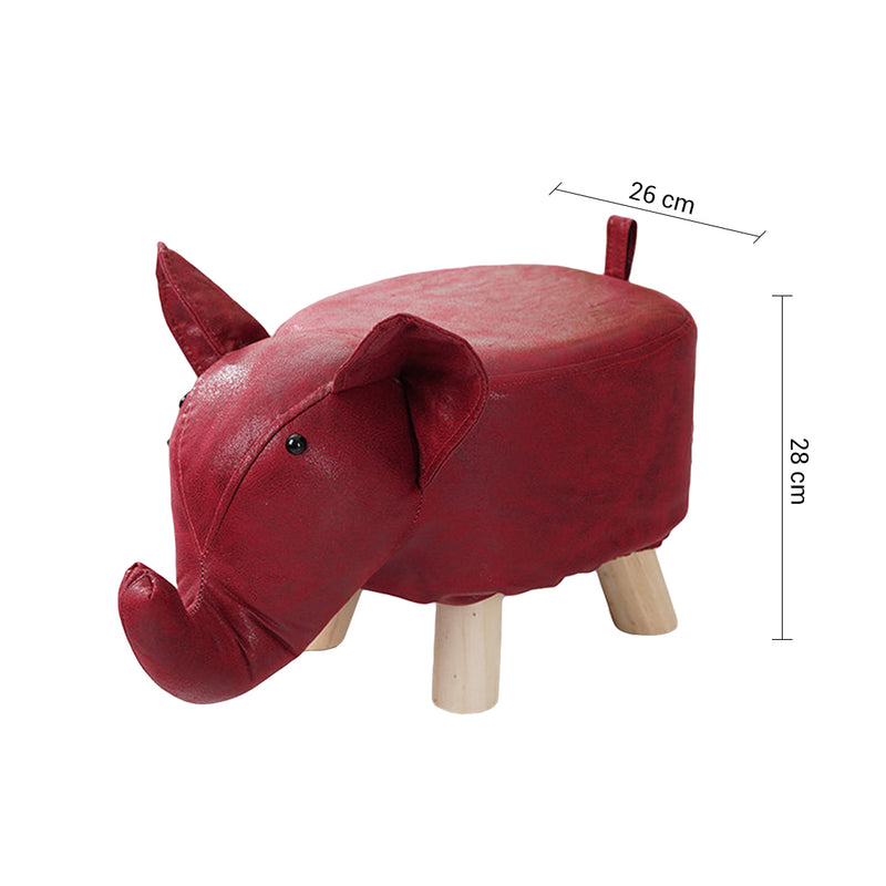 Red Children Round Ottoman Stool Elephant Character Pu Sponge Pine 28x26cm