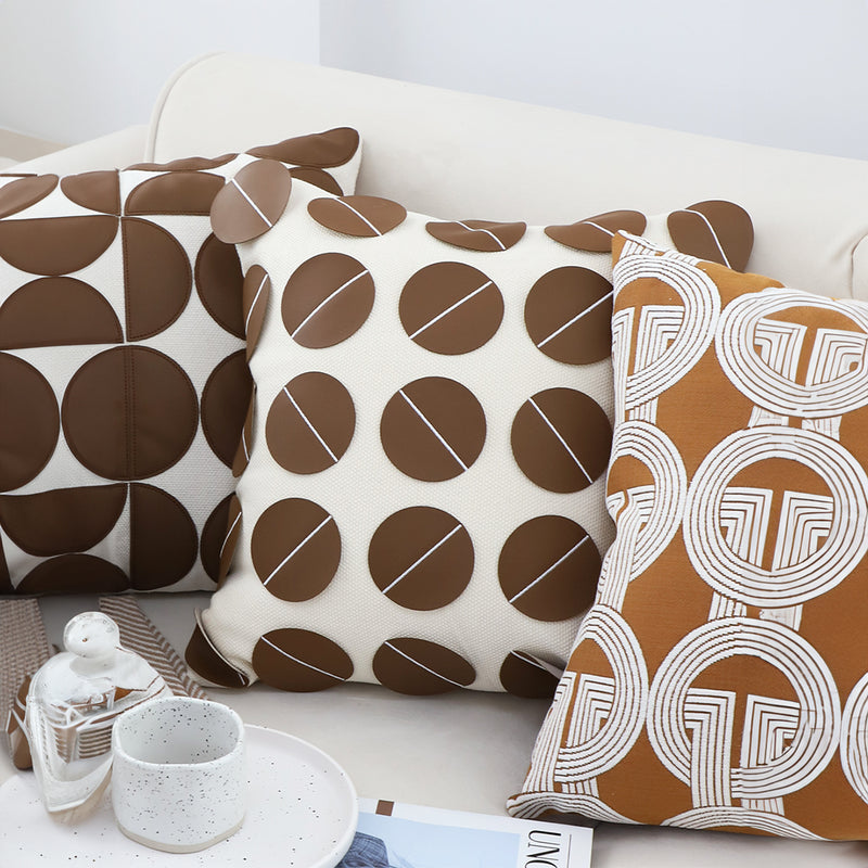 2X 45cm Brown Leather Square 3D Circle Pattern Throw Pillow