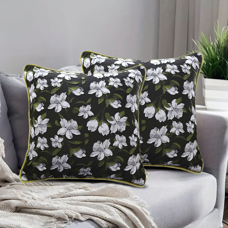 Velvet Pillow 45cm Square Olive Green Blossom Design Plush Throw Cushion