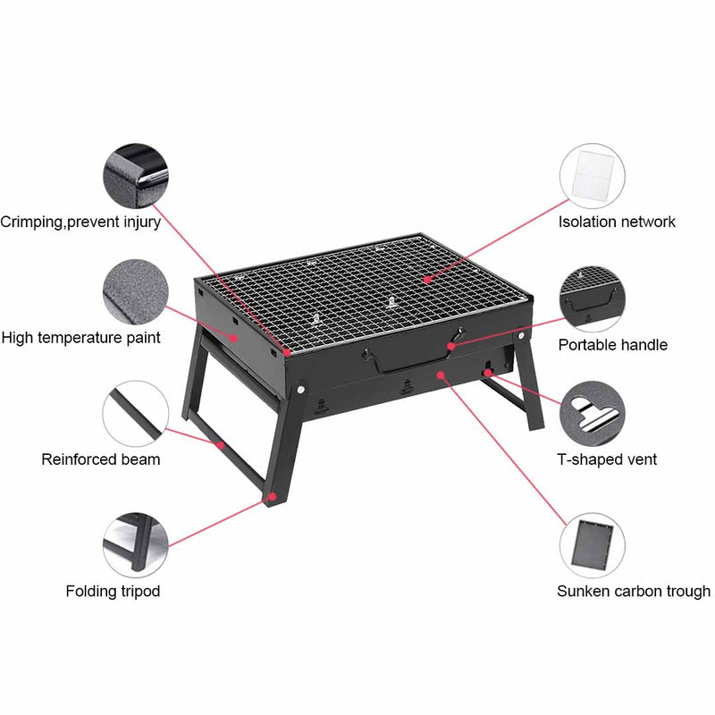 Portable Mini Folding Steel Charcoal Grill Box Camping 350x270x200mm Black