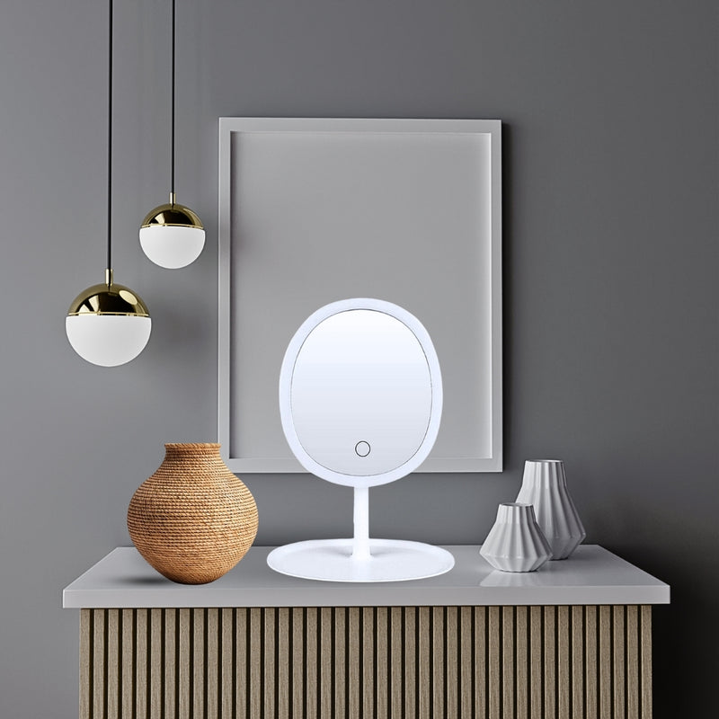 2X 26cm White Oval Led Tabletop Vanity Mirror Tricolor Dimming Usb Powered
