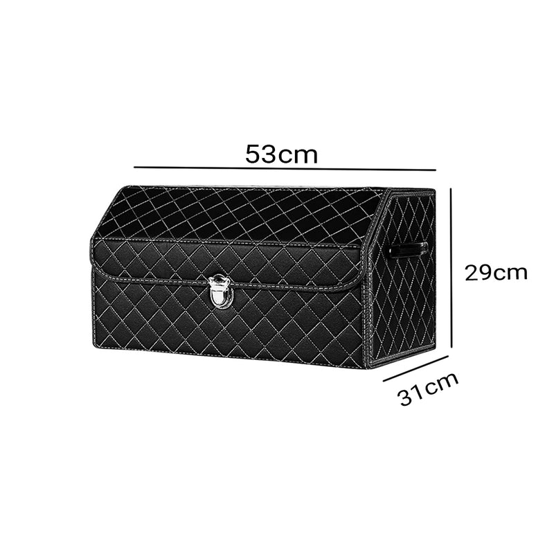 Leather Car Boot Organizer Medium 53x31x29cm Collapsible Lock Black White Stitch