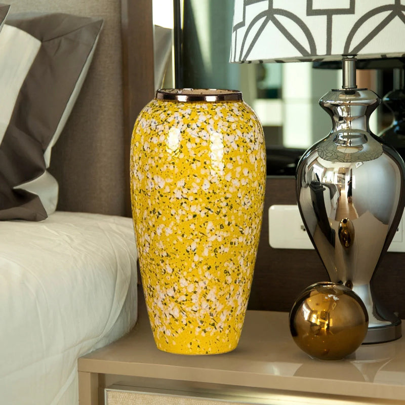 Large Ceramic Flower Vase Yellow with White Floral Design Elegant Home Decor