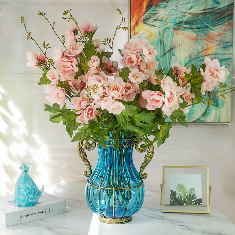 Blue Glass Vase Gold Metal Trim 10x14x26cm 8 Bunch 3 Heads Pink Silk Hibiscus