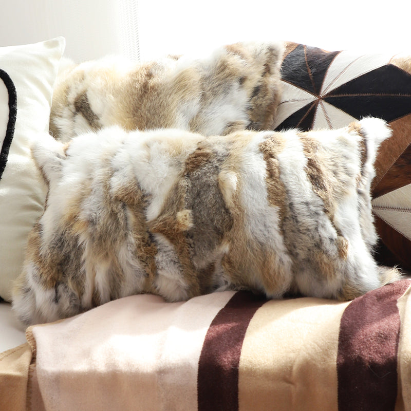 2X 30cm Coffee Rabbit Fur Lumbar Pillow Warm Cozy Decorative Cushion Home Decor