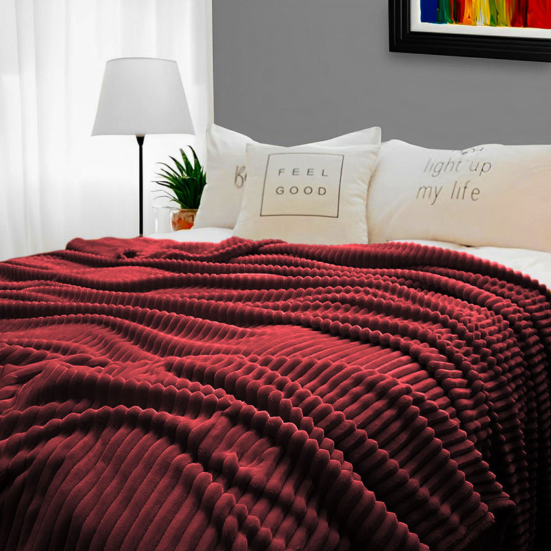 Burgundy Flannel Polyester Throw Blanket 230x200cm Lightweight Striped Pattern