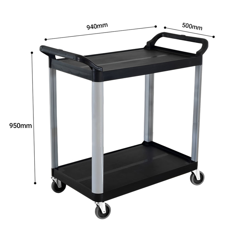 2 Tier Food Trolley Pvc Kitchen Cart 950x500x940mm Black Wheels Aluminum Legs