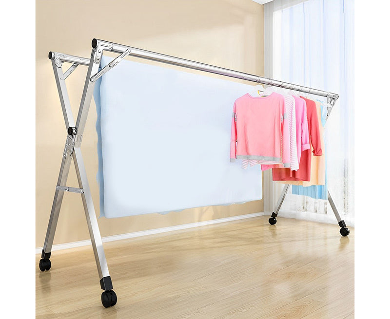 2.4m Portable Foldable Clothes Drying Rack 40kg Silver With Wheels Indoor Outdoor