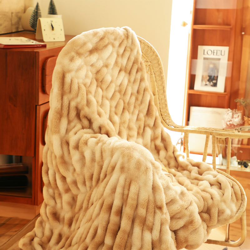 2X 150x200cm Double Layer Polyester Faux Rabbit Fur Throw Blanket Camel Brown