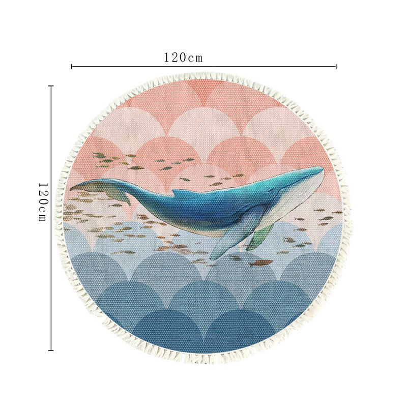 120cm Round Polyester Area Rug Shark Print Tassels Multicolor Non Slip Backing