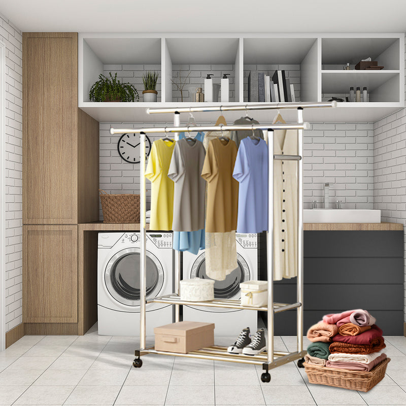 120x150x95cm Stainless Steel Floor Standing 3 Pole Clothes Rack With Wheels