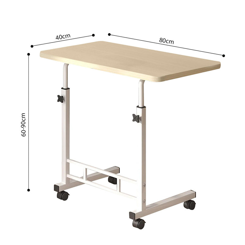 40x80cm White Maple Wood Mobile Bedside Table Wheels Metal Frame