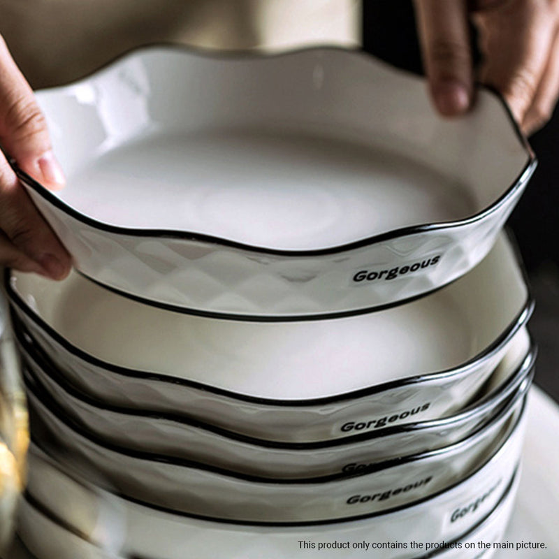 Diamond Pattern White Ceramic Dinnerware Set of 13 8 Inch Plate 4.5 Inch Bowl