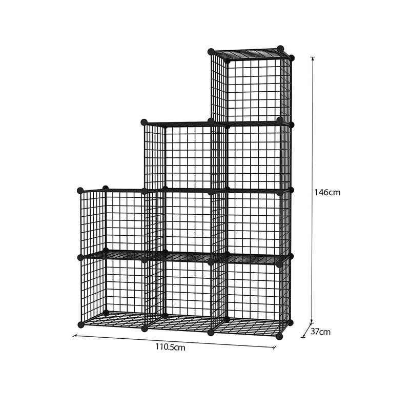 9 Cube 3 Column Iron Wire Mesh Storage Organizer Black 110.5x37x146cm Modular