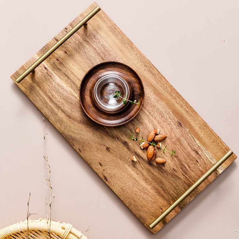 30cm Brown Rectangle Acacia Wood Serving Tray With Metal Handles