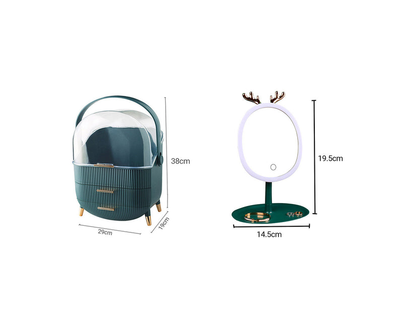 Green Vanity Tabletop Organizer with Antler LED Mirror Makeup Storage Set