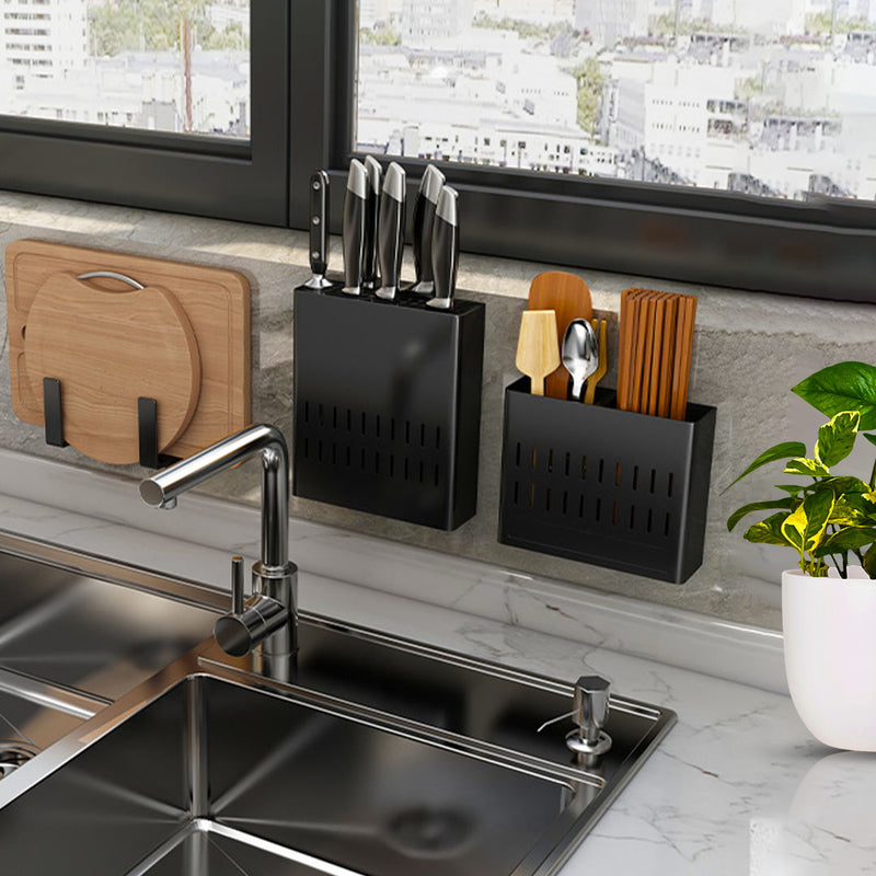 Wall Mounted Aluminum Kitchen Utensil Rack 24x18x7.5cm Black Rustproof