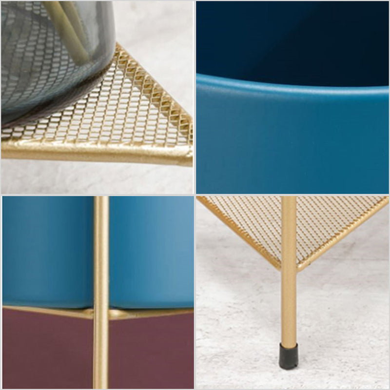 2 Layer Metal Plant Stand 81cm Gold with Blue Pot Indoor Outdoor Corner Display