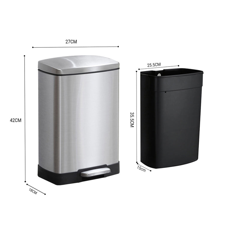 2X 12L Stainless Steel Rectangular Trash Bin Foot Pedal Soft Close Lid Silver