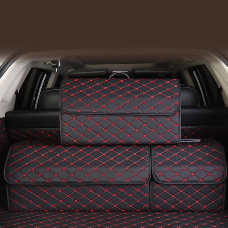 Leather Car Boot Organizer Foldable Collapsible Storage Box Black Red Stitch