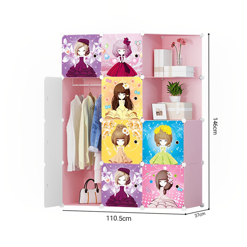10 Cubes Portable Wardrobe Plastic Foldable 110.5x37x146cm Pink Princess Design