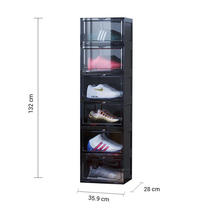 2X 6 Tier Plastic Shoe Organiser Black Stackable Transparent Magnetic Door