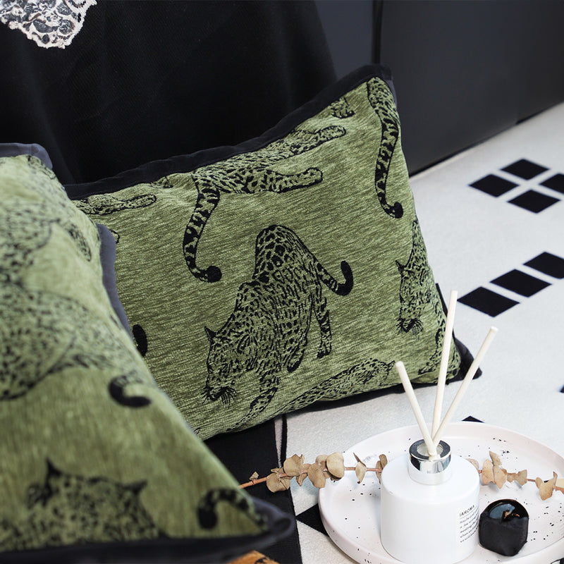 2X Green Leopard Lumbar Throw Pillows Polyester 30x50cm Retro Decorative