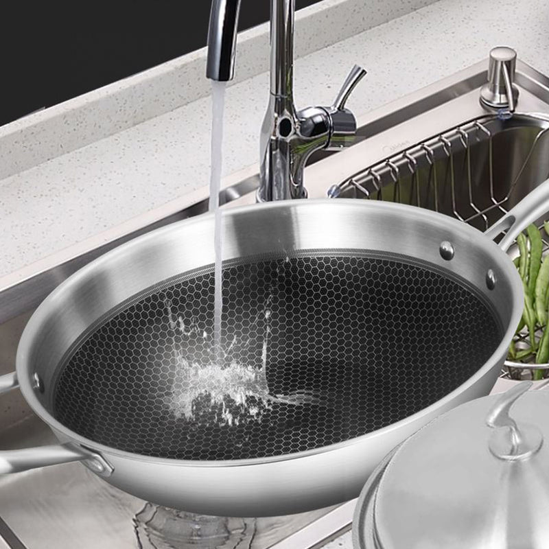 34cm Stainless Steel Non Stick Fry Pan Textured Interior Helper Handle Lid