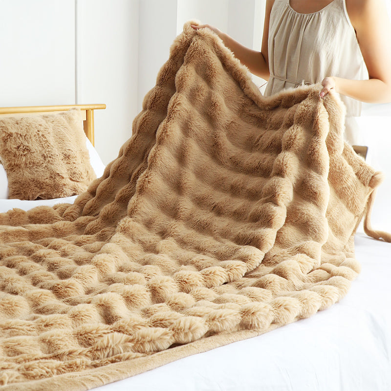 Throw Blanket Faux Polyester Rabbit Fur Double Layer 160X200cm Coffee