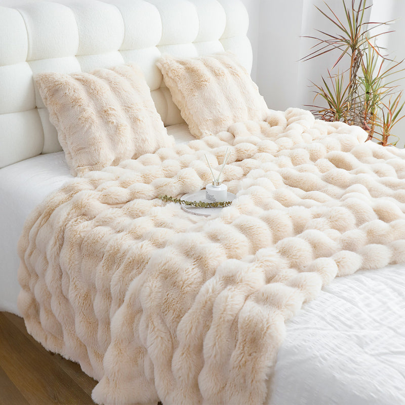 2X 160X200cm Double Layer Rabbit Fur Throw Blanket Polyester Light Camel