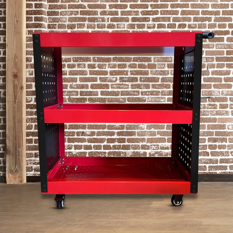 3 Tier Red Tool Storage Cart Portable Heavy Duty Trolley with Hooks