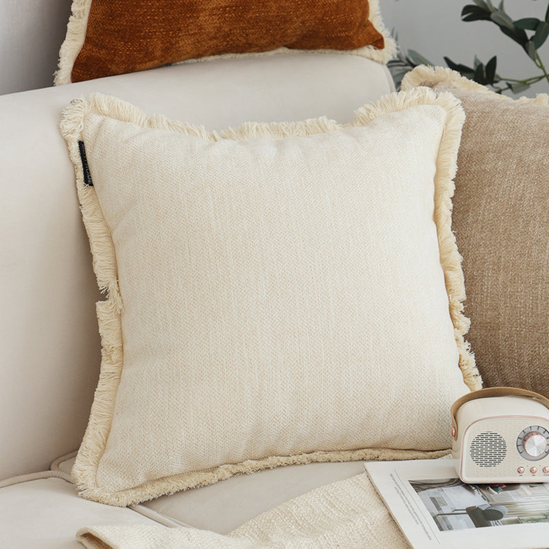 45cm Square Chenille Throw Pillow Thick Polyester Filled With Tassels White