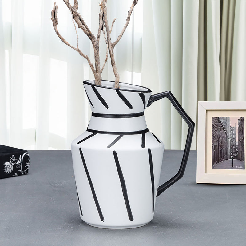 Modern Ceramic Pitcher Vase 23.5x19.5cm Black White Striped Geometric Handle