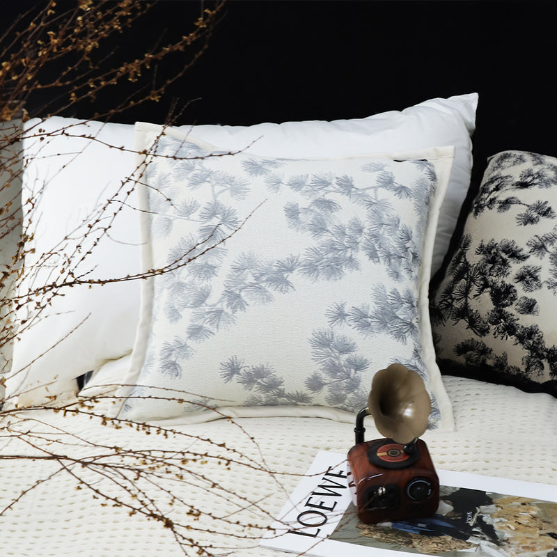 Cream White Throw Pillow 45cm Wide Border Branch Pine Needle Pattern Decor