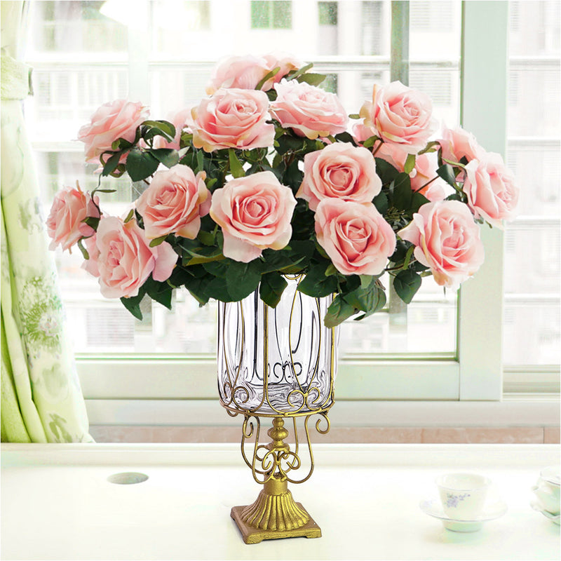 Clear Glass Flower Vase with 4 Bunch 9 Heads Artificial Silk Rose Decor Set
