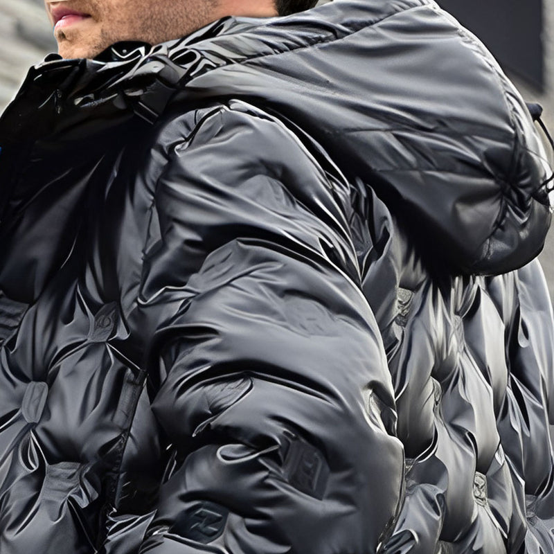 2XL Black Long Hooded Duck Down Puffer Jacket Quilted Warm Polyester