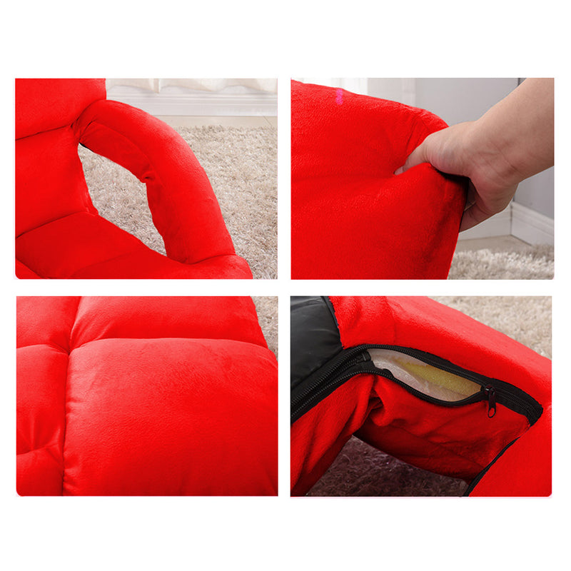 Foldable Floor Recliner Chair Adjustable Flannel Lounge with Armrest Red