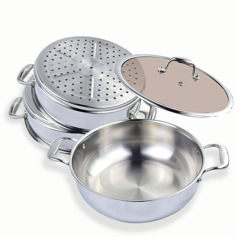 2X 3 Tier 30cm Heavy Duty Stainless Steel Food Steamer Stackable Glass Lid