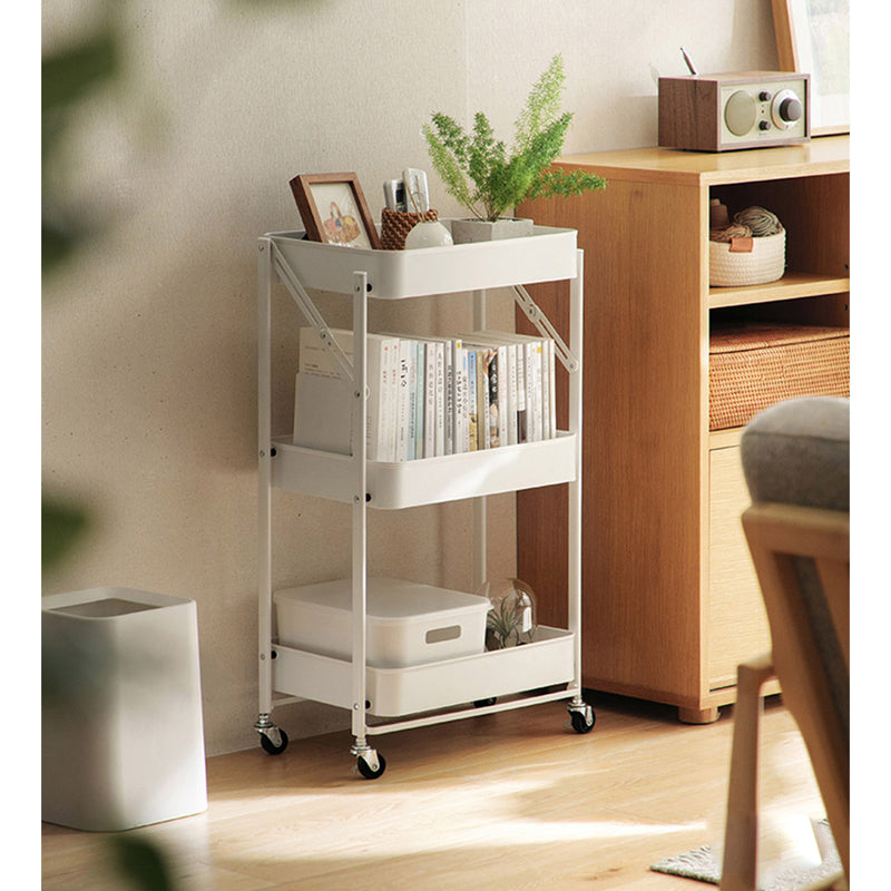 3 Tier White Foldable Steel Kitchen Cart Portable Storage Shelves With Wheels