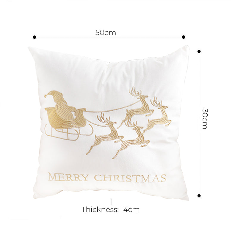 45cm White Square Throw Pillow Golden Sleigh Design Soft Plush Holiday Decor