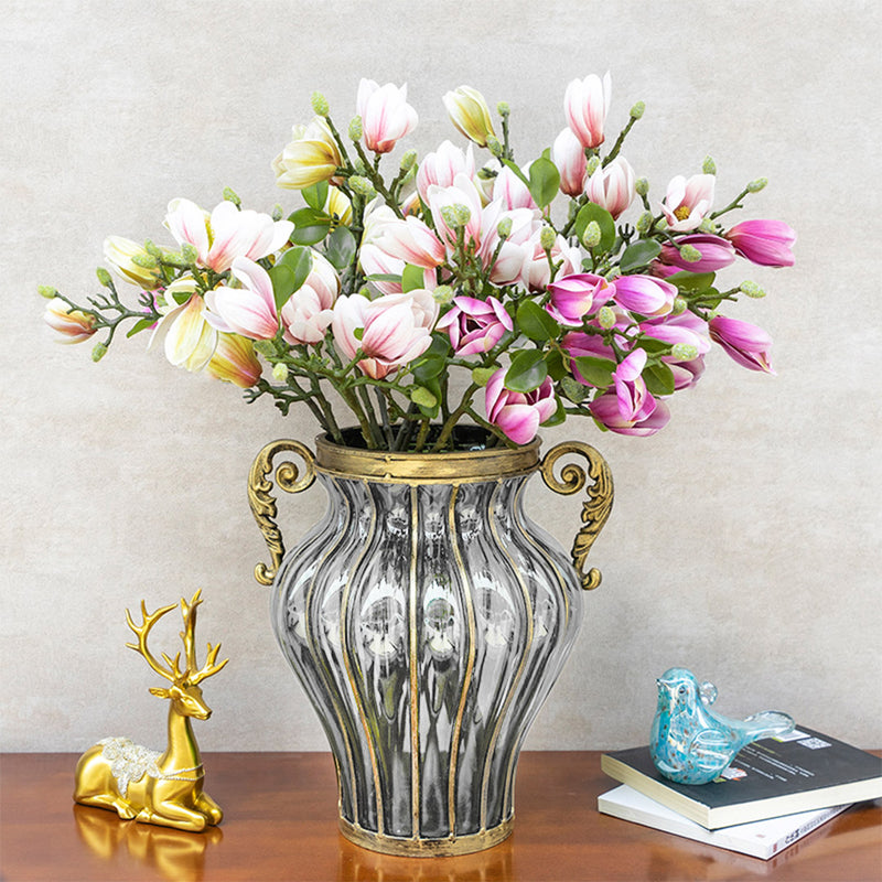 Clear Glass Flower Vase With 6 Bunch 4 Heads Purple Magnolia Silk Home Decor