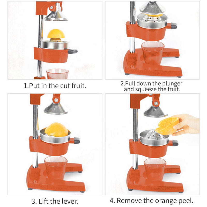 Commercial Manual Hand Press Juicer Cast Iron Base 304 Stainless Steel Cone Orange