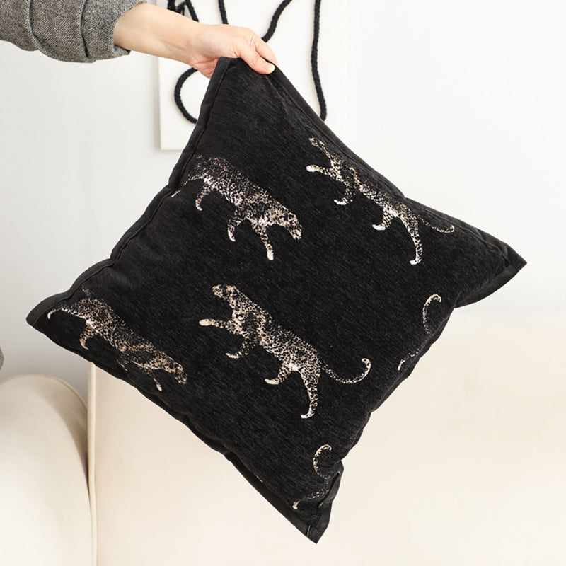 45cm Square Velvet Leopard Print Plush Throw Pillow Black 15cm Thick