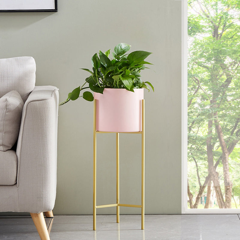 2 Layer 42cm Gold Metal Plant Stand With Pink Enamel Pot Indoor Corner Rack