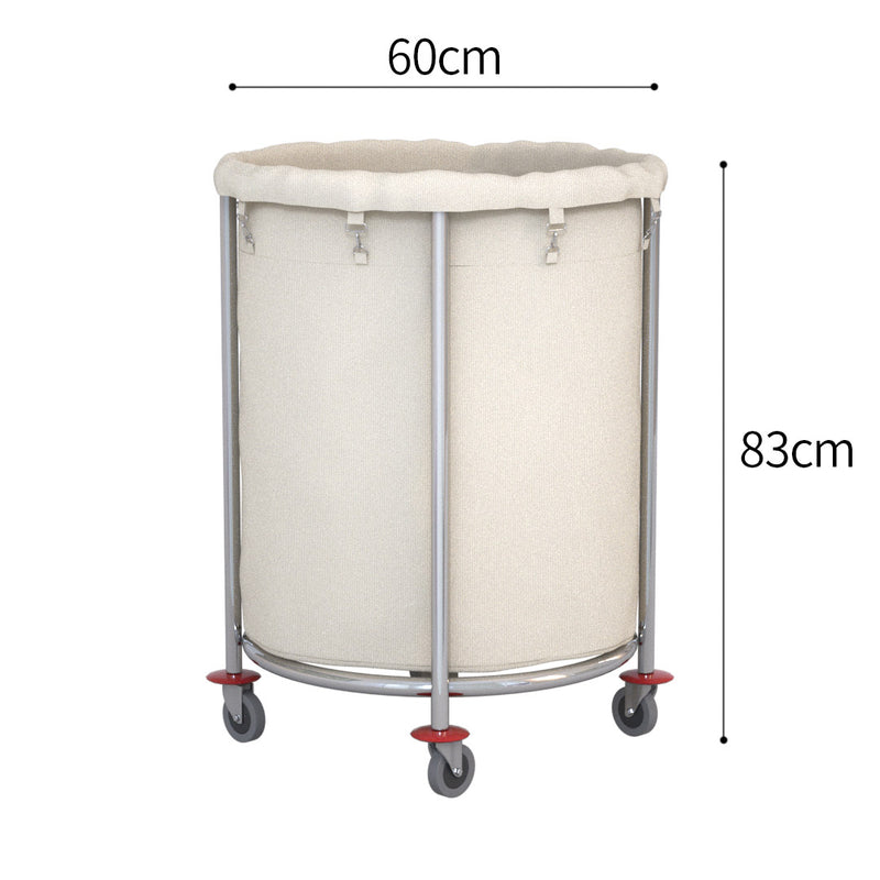 Stainless Steel Round Commercial Linen Cart 32 Inch Tall Oxford Bag Wheels White