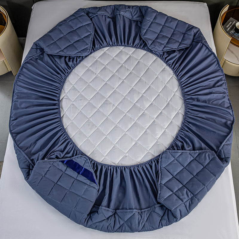 Blue Polyester Quilted Mattress Cover 203x153x40cm 2 Pillow Covers