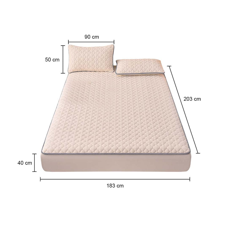 Beige Mattress Cover 183cm Quilted Fleece Stretchable Protector With Pillowcases