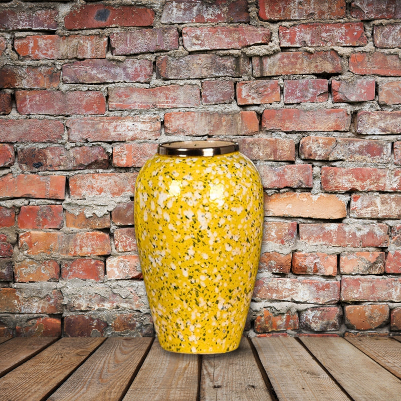 Medium Ceramic Flower Vase 30x19cm Yellow With White Floral Handcrafted