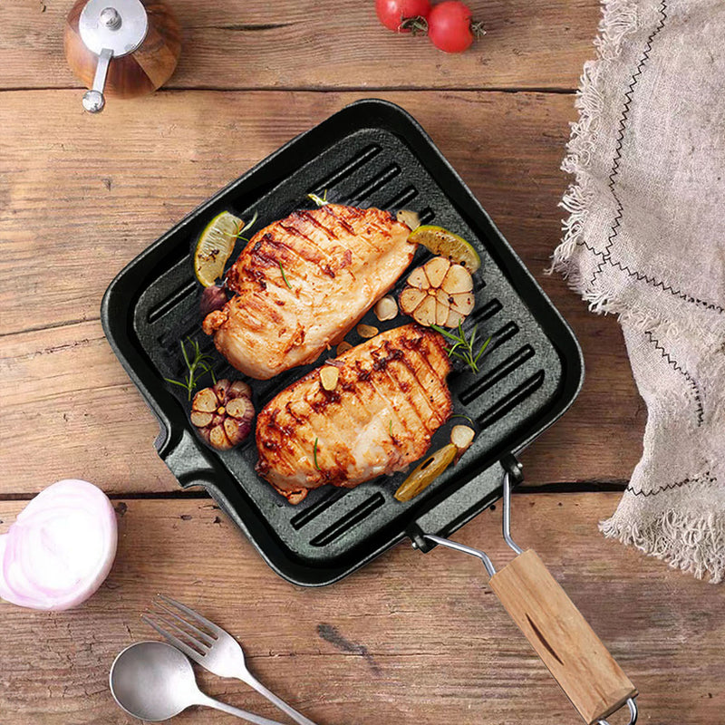 2X 24cm Cast Iron Square Grill Pan Ribbed Surface Folding Wooden Handle